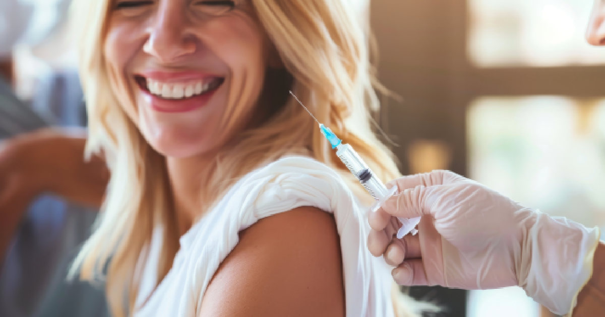 Smiling woman getting vitamin shot in upper arm in Brookfield, WI | Luna Med Spa