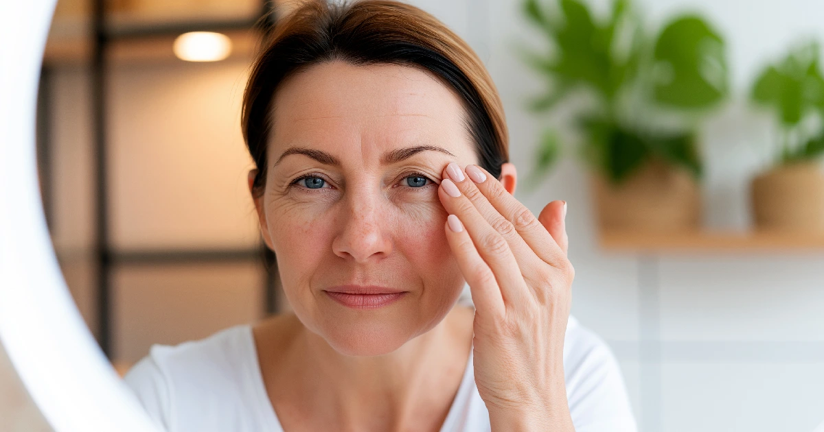 Woman Examining Early Signs of Skin Aging Around Her Eyes in Brookfield, WI | Luna Med Spa